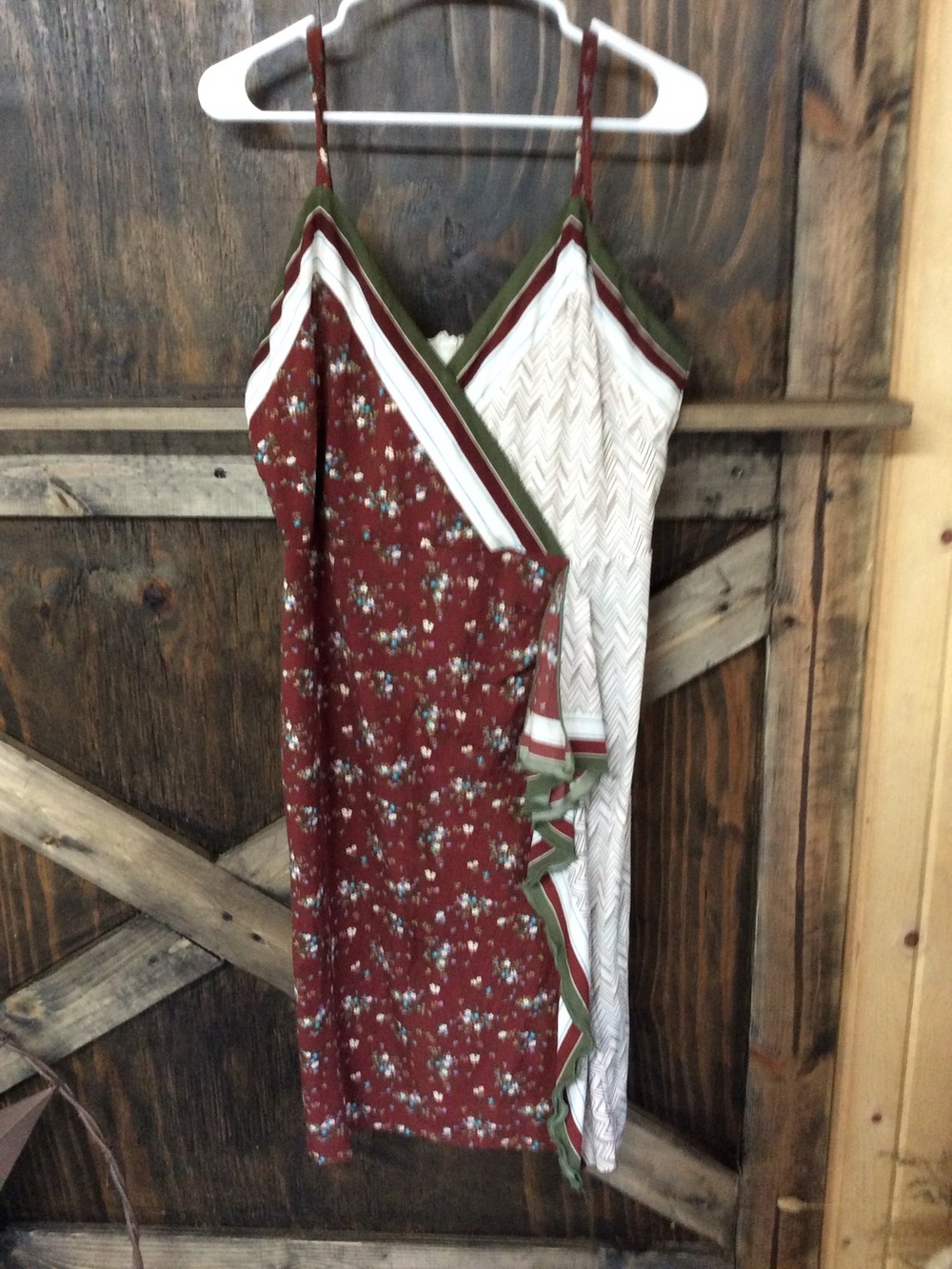 Cato Brown Red Floral and Cream Panel Slip Dress with Olive Trim